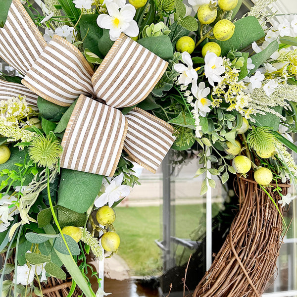 Summer Wreath Spring Wreath Everyday Spring Greens & Blossoms with Green Crab Apple Berries and Striped Ribbon Welcome Farmhouse Front Door