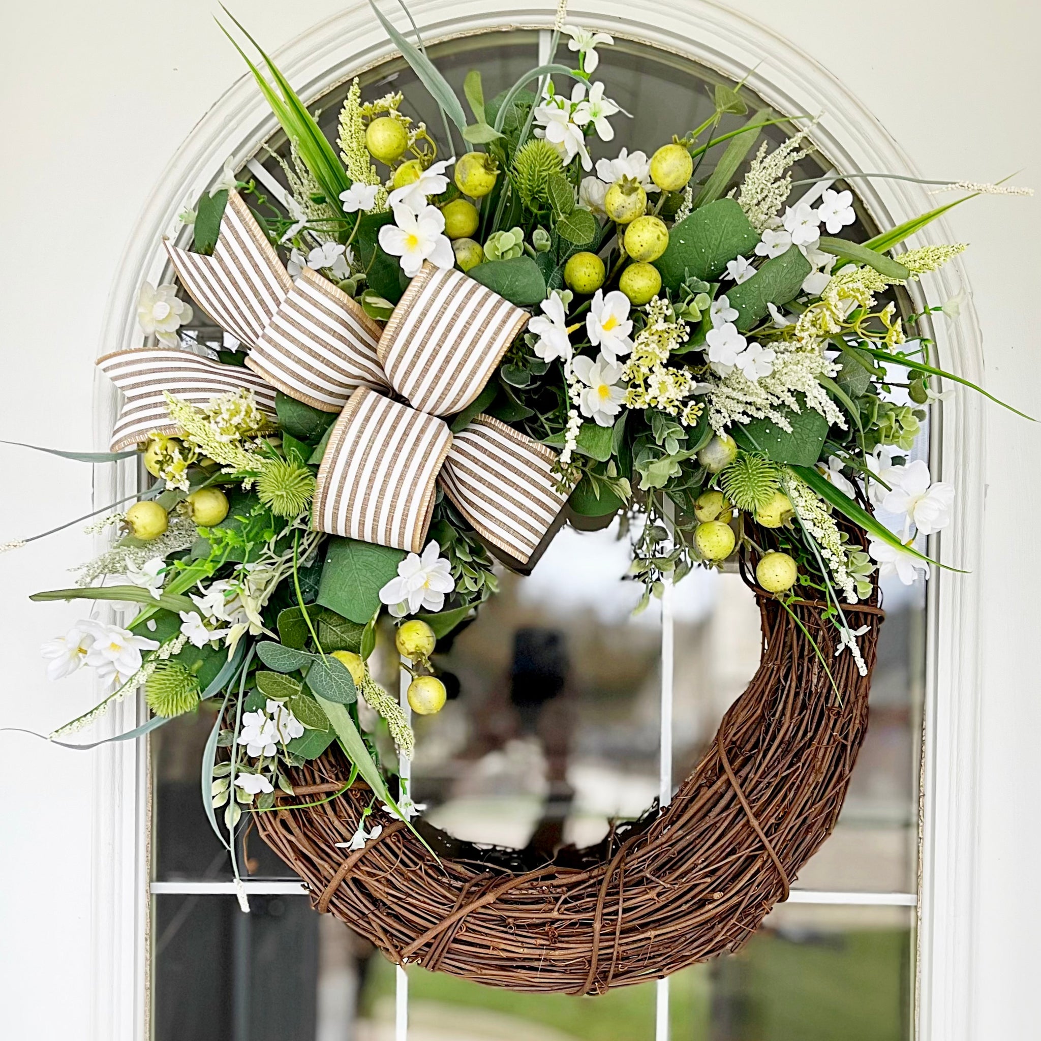 Summer Wreath Spring Wreath Everyday Spring Greens & Blossoms with Green Crab Apple Berries and Striped Ribbon Welcome Farmhouse Front Door