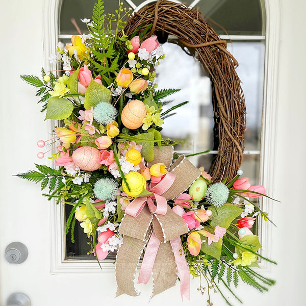 Spring Wreath Summer Variegated Grass Fern Eggs Tulips Blossoms with Pink & Burlap Ribbon Welcome Wreath Front Door Neutral Easter