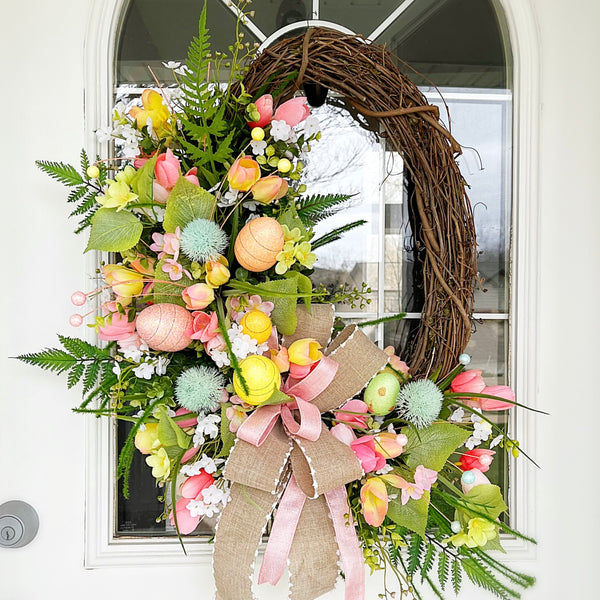 Spring Wreath Summer Variegated Grass Fern Eggs Tulips Blossoms with Pink & Burlap Ribbon Welcome Wreath Front Door Neutral Easter