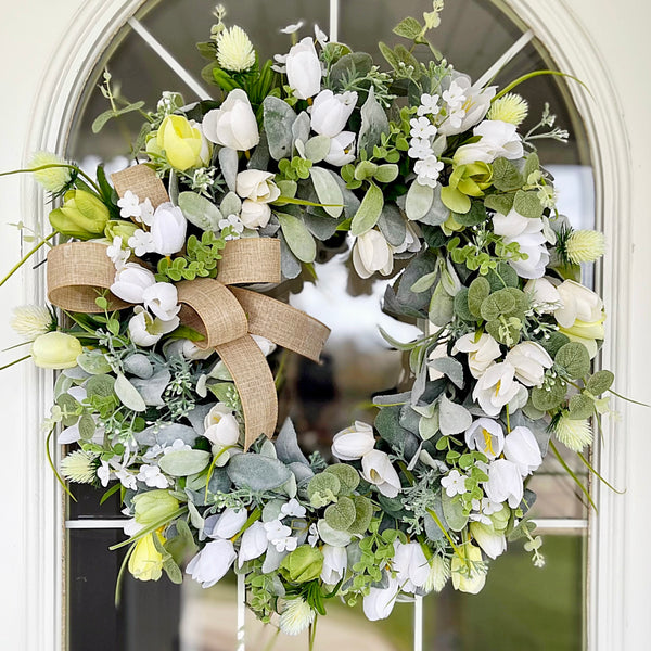 Spring Wreath Summer Neutral with Lambs Ear Boxwood Tulips and Berries Welcome Front Door Farmhouse Cottage Easter