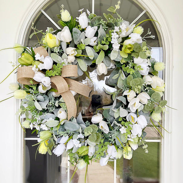 Spring Wreath Summer Neutral with Lambs Ear Boxwood Tulips and Berries Welcome Front Door Farmhouse Cottage Easter