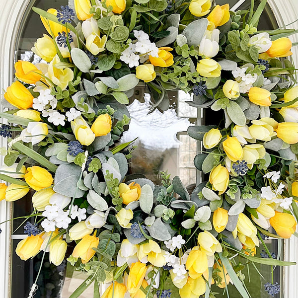Spring Wreath Summer Full with Lambs Ear Boxwood Yellow Tulips and Blue Thistle Welcome Front Door Farmhouse Cottage Easter