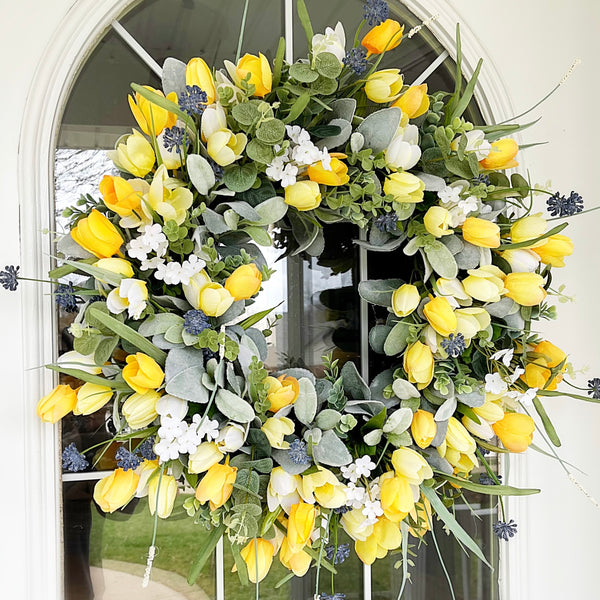 Spring Wreath Summer Full with Lambs Ear Boxwood Yellow Tulips and Blue Thistle Welcome Front Door Farmhouse Cottage Easter