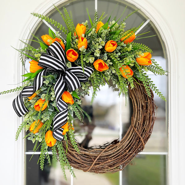 Spring Wreath Tulip Wreath Orange Tulips, Fern, Eucalyptus & Striped Ribbon Welcome Farmhouse Front Door Easter Mothers Day