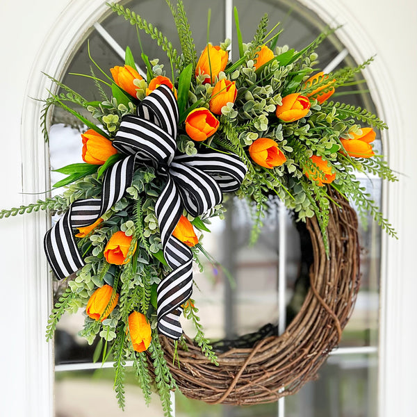 Spring Wreath Tulip Wreath Orange Tulips, Fern, Eucalyptus & Striped Ribbon Welcome Farmhouse Front Door Easter Mothers Day