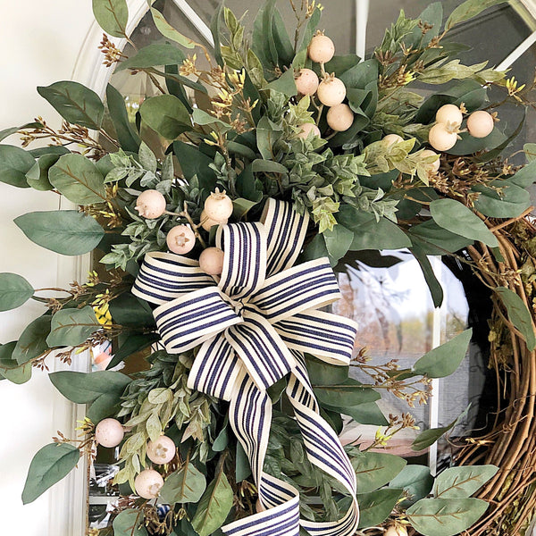 Everyday Cream Berries & Striped Ribbon Wreath