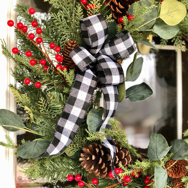 Christmas Winter Eucalyptus,Pine Cones & Red Berries with Buffalo Plaid Ribbon Wreath