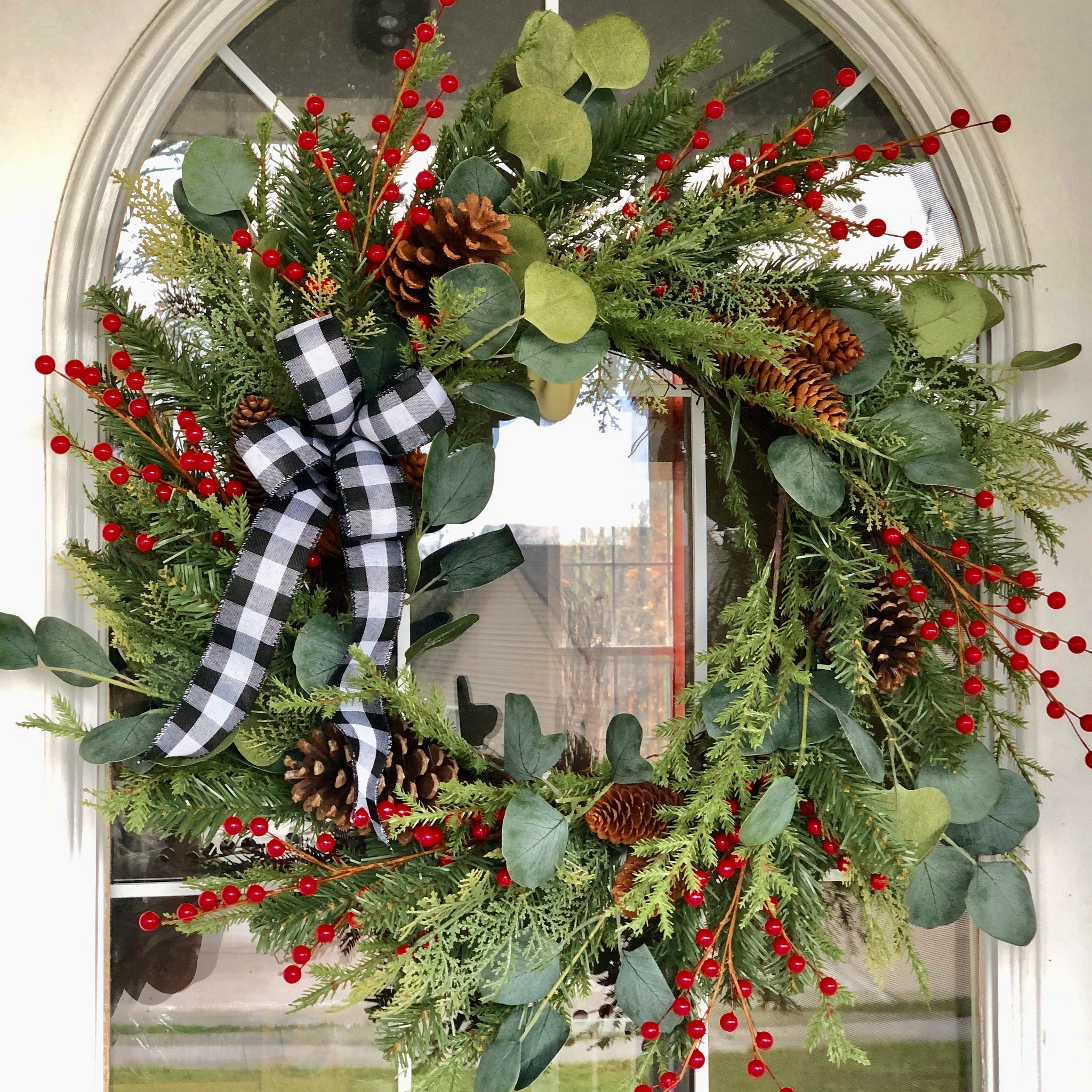 Christmas Winter Eucalyptus,Pine Cones & Red Berries with Buffalo Plaid Ribbon Wreath