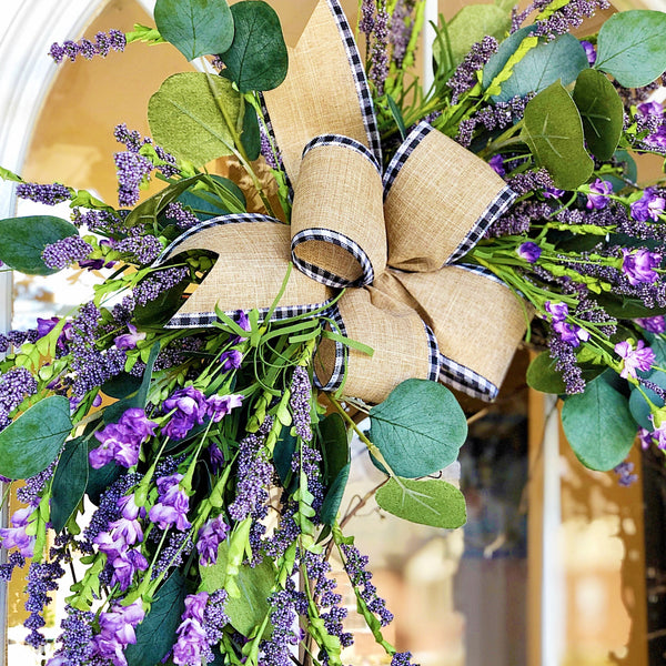 Everyday Spring Welcome Wreath with Purple Wildflowers & Burlap Buffalo Plaid Trimmed Ribbon