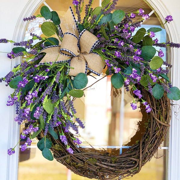 Everyday Spring Welcome Wreath with Purple Wildflowers & Burlap Buffalo Plaid Trimmed Ribbon