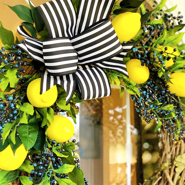 Summer wreath Lemons with Blue Berries for Front Door Fruit for Home Decor Everyday Striped Ribbon