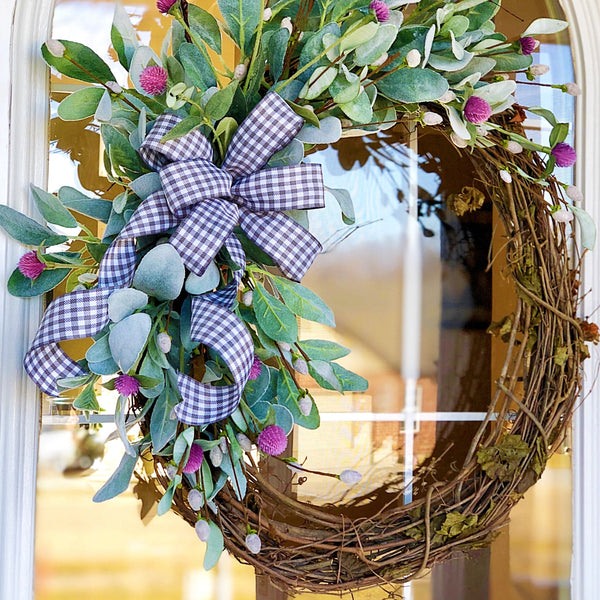 Everyday Spring Wreath with Purple Thistle & Gingham Ribbon Welcome Wreath