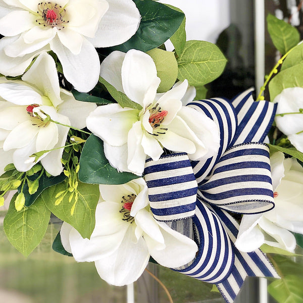 Spring and Summer Magnolia Wreath with Navy & White Striped Ribbon for Front Door Coastal
