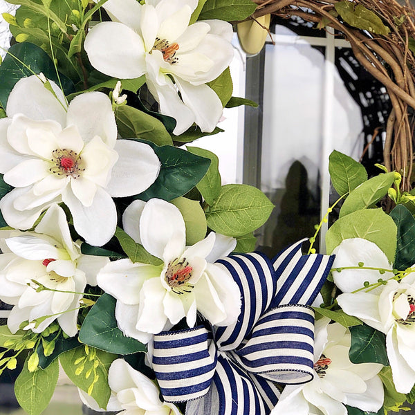 Spring and Summer Magnolia Wreath with Navy & White Striped Ribbon for Front Door Coastal