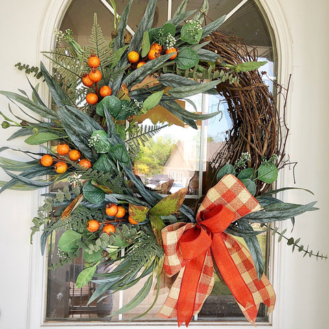 Fall Wreath Berries & Plaid Ribbon Neutral Welcome Front Door Cottage Farmhouse