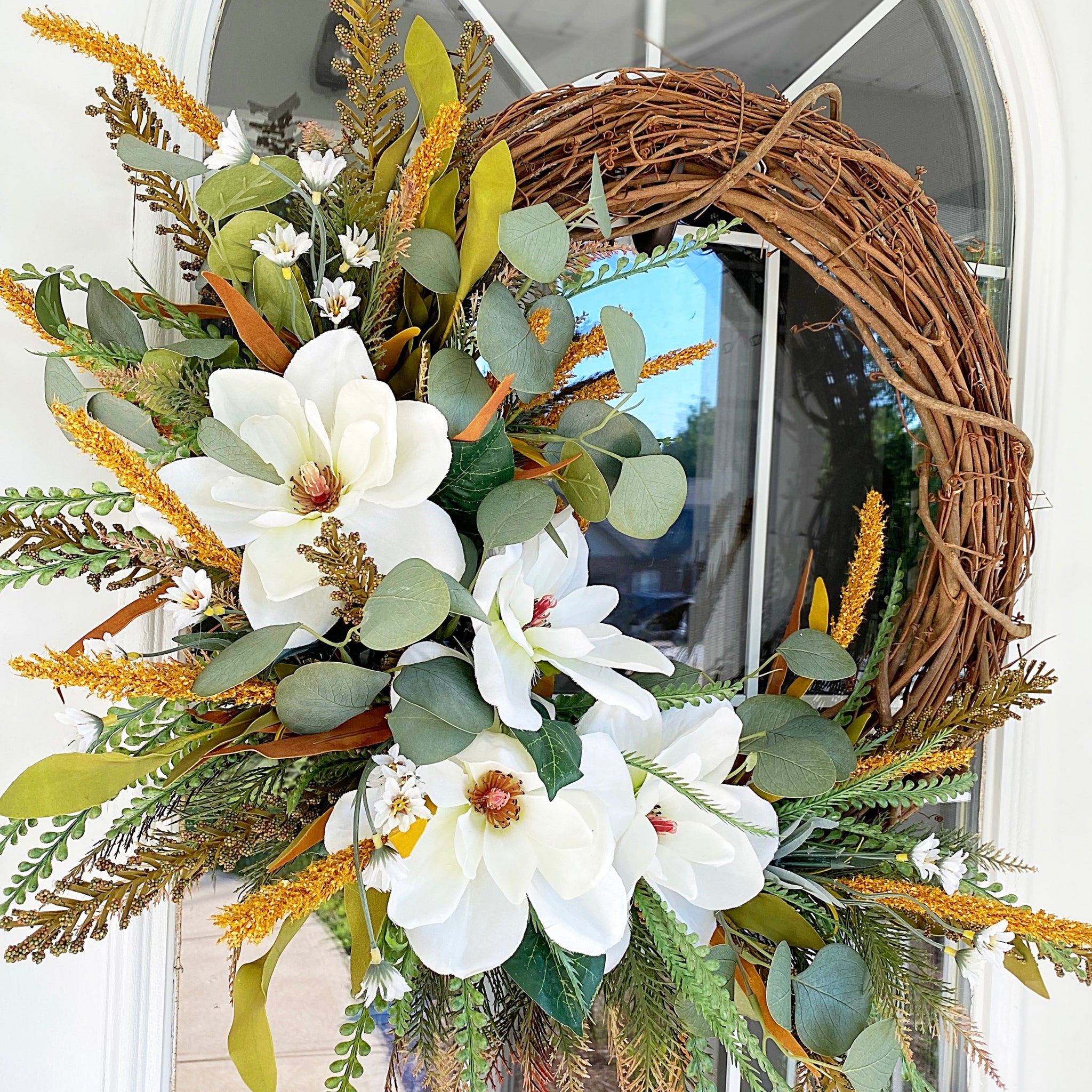 Summer Fall Magnolia Wreath with Cattails & Eucalyptus for Front Door Farmhouse Boho