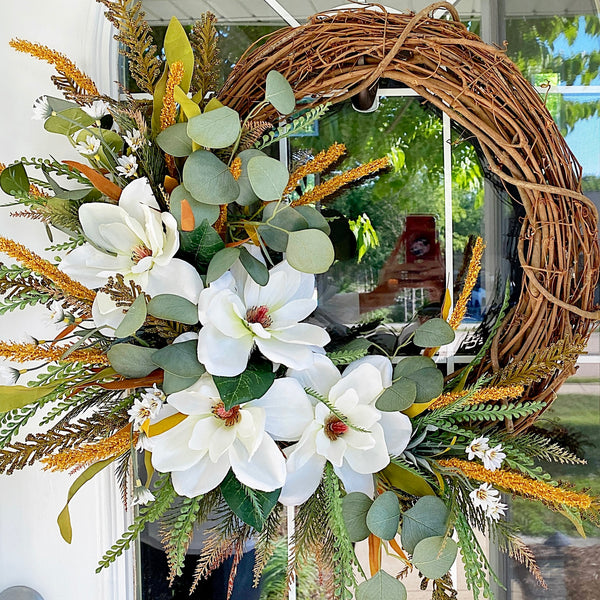 Summer Fall Magnolia Wreath with Cattails & Eucalyptus for Front Door Farmhouse Boho