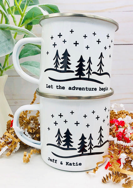 Personalized 12 oz. Stainless Steel & Enamel Camp Mug with Adventure Landscape