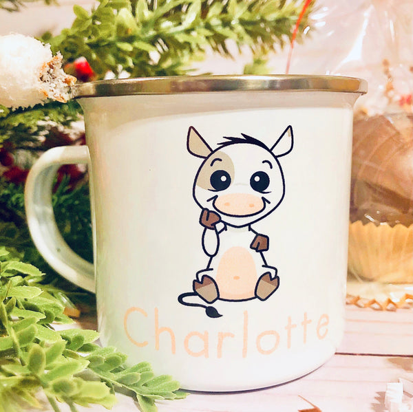 Kids Personalized 12 oz. Stainless Steel & Enamel Camp Mug with Baby Cow