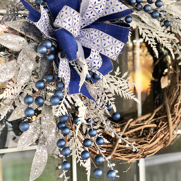 Christmas or Hanukkah Wreath Winter Silver & Blue with Berries, Layered Wired Ribbon Wreath