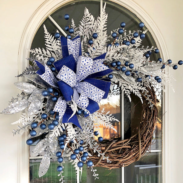 Christmas or Hanukkah Wreath Winter Silver & Blue with Berries, Layered Wired Ribbon Wreath