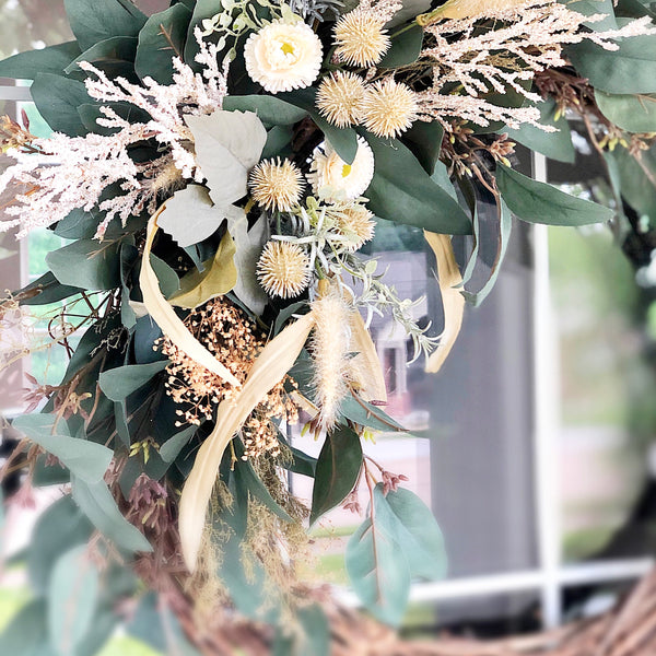 Fall Boho Wreath with Lambs Ear & Eucalyptus Welcome Farmhouse Front Door Modern Boho Gift