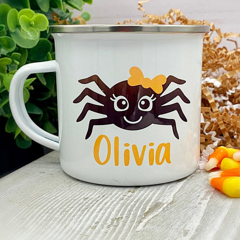 Kids Personalized 12 oz. Stainless Steel & Enamel Camp Mug with Cute Spider