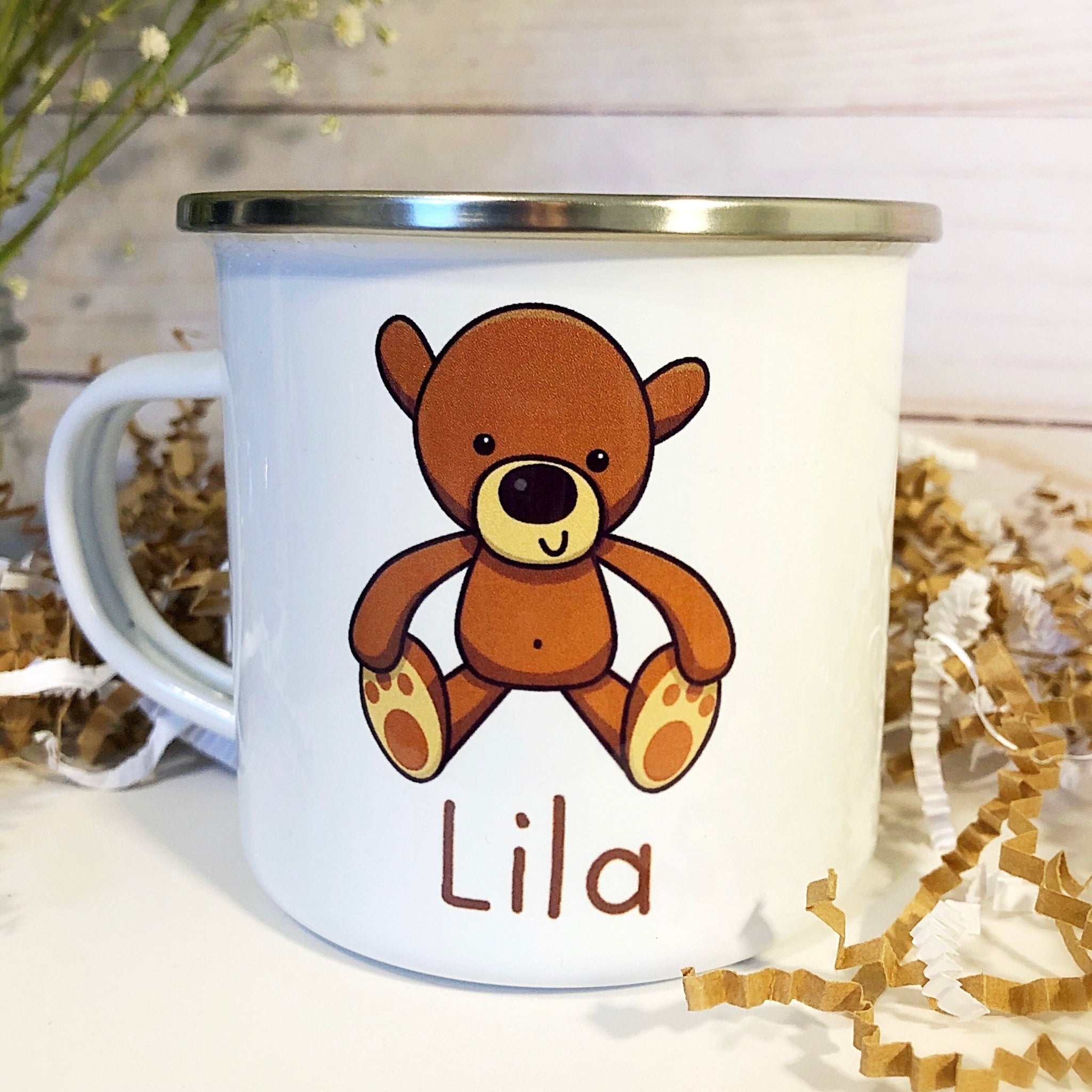 Kids Personalized 12 oz. Stainless Steel & Enamel Camp Mug with Brown Bear