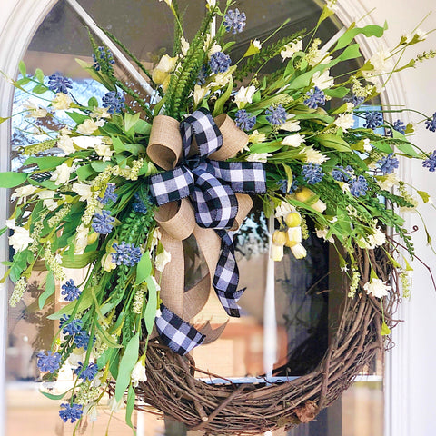 Everyday Spring Cream Blossom & Lavender Welcome Wreath with Buffalo Plaid Ribbon