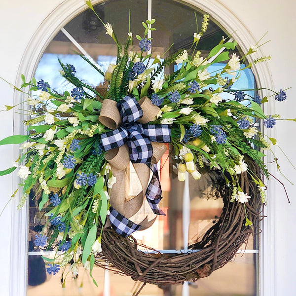 Everyday Spring Cream Blossom & Lavender Welcome Wreath with Buffalo Plaid Ribbon