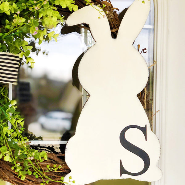 Easter Monogram Wooden Bunny Sign with Black & White Striped Ribbon