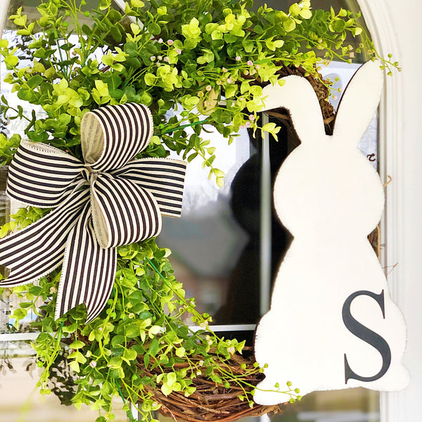 Easter Monogram Wooden Bunny Sign with Black & White Striped Ribbon