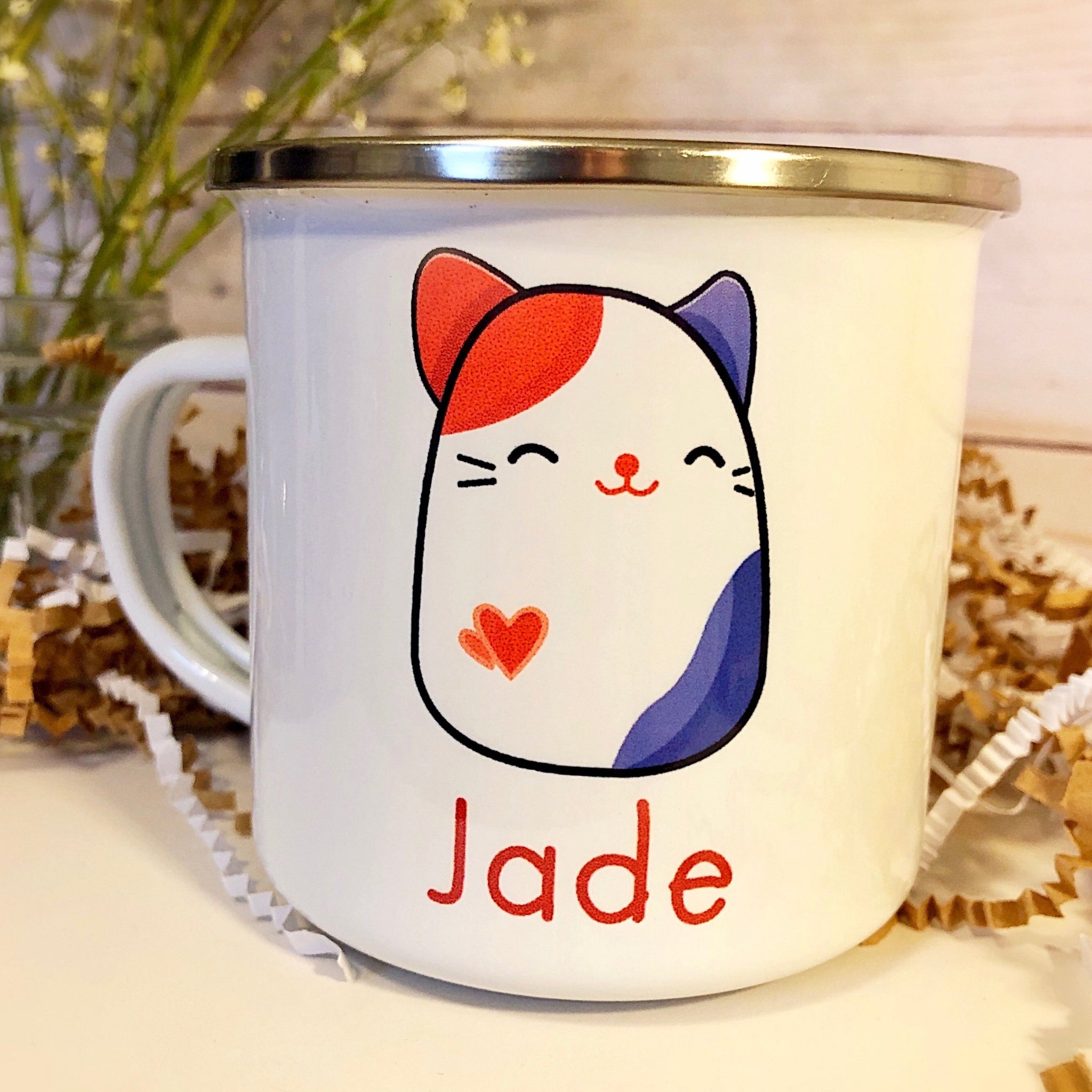 Kids Personalized 12 oz. Stainless Steel & Enamel Camp Mug with Cat