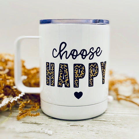 Choose Happy 10 oz. Stainless Steel & Enamel Coffee Mug with Lid