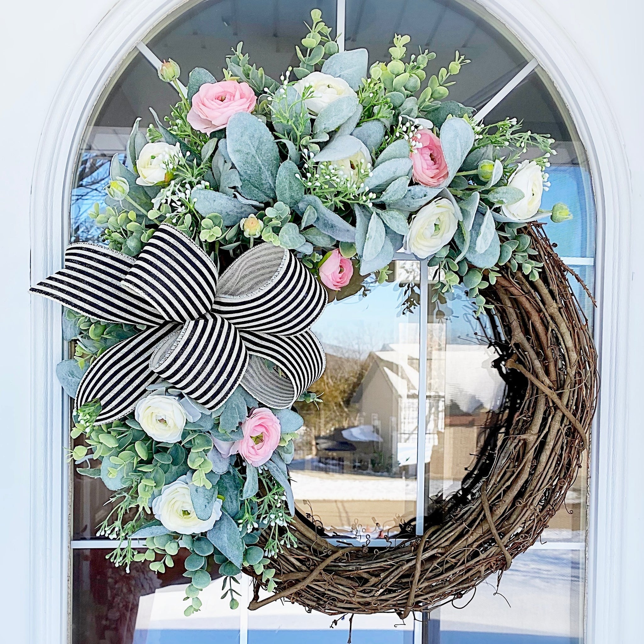 Spring Summer Wreath with Lambs Ear, Eucalyptus, White and Pink Ranunculus Flowers Welcome Front Door