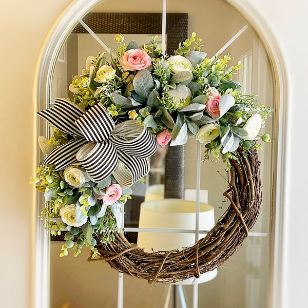 Spring Summer Wreath with Lambs Ear, Eucalyptus, White and Pink Ranunculus Flowers Welcome Front Door