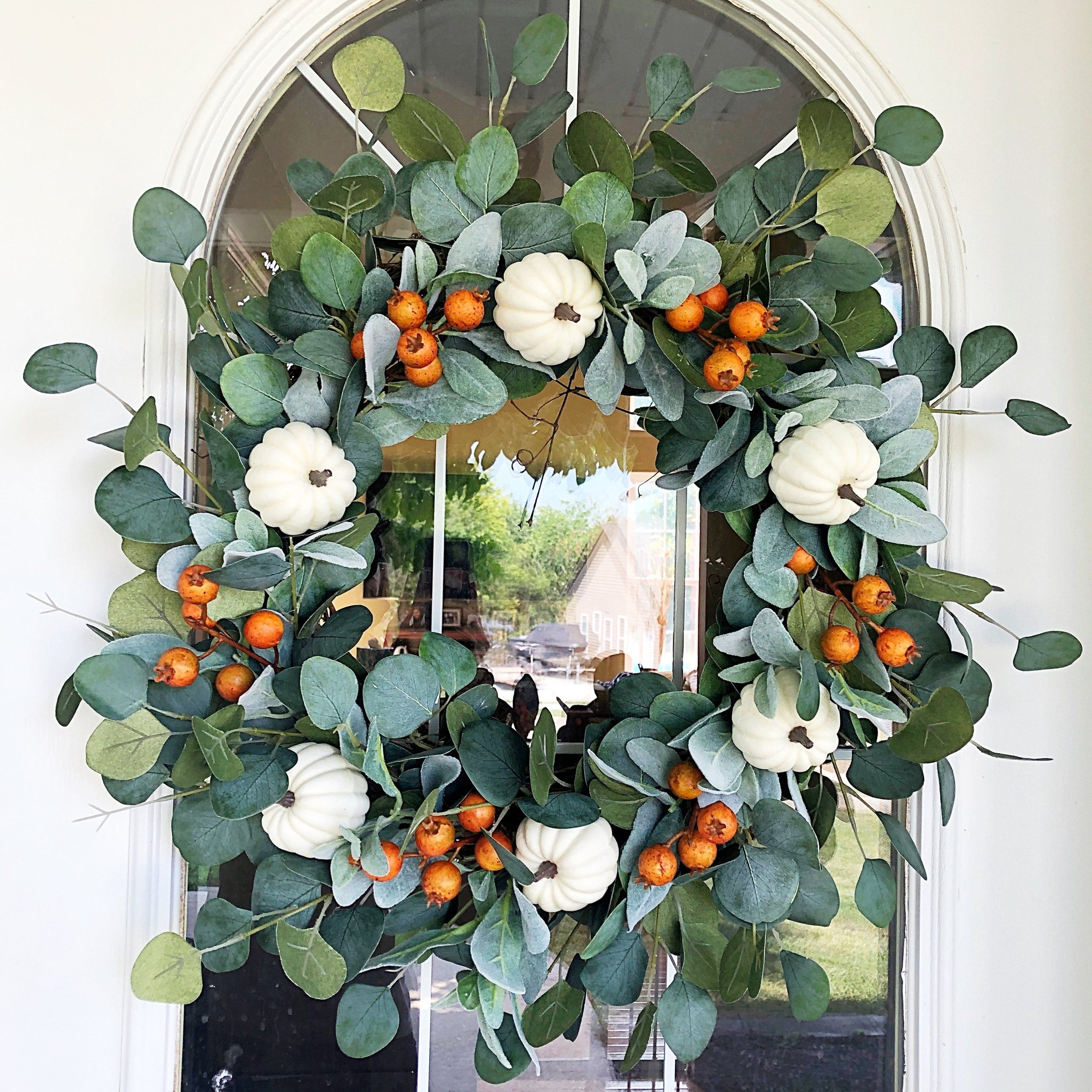 Fall Welcome Wreath Blooming White Pumpkin & Dog Rose Buds for