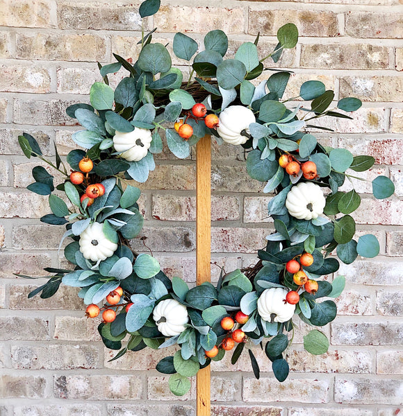 Fall Welcome Wreath Blooming White Pumpkin & Dog Rose Buds for Front Door