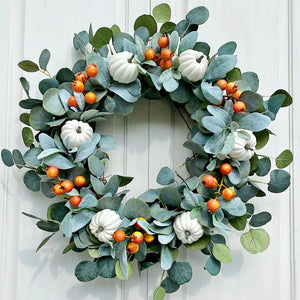 Fall Welcome Wreath Blooming White Pumpkin & Dog Rose Buds for Front Door