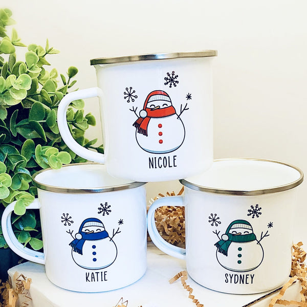 Kids Personalized 12 oz. Stainless Steel & Enamel Camp Mug with Fat Snowman