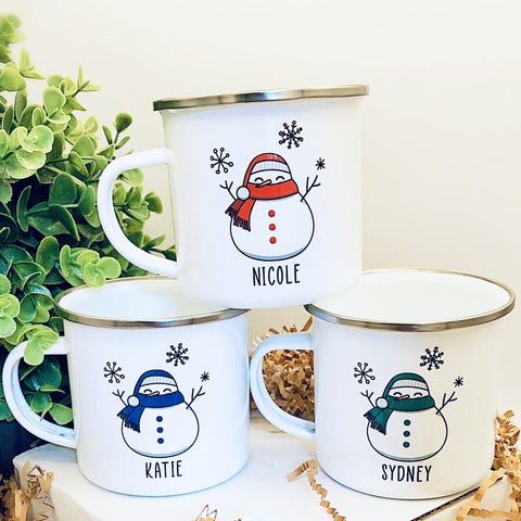 Kids Personalized 12 oz. Stainless Steel & Enamel Camp Mug with Fat Snowman