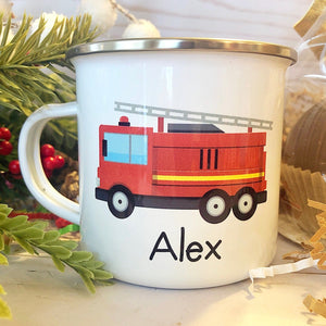 Kids Personalized 12 oz. Stainless Steel & Enamel Camp Mug with Firetruck