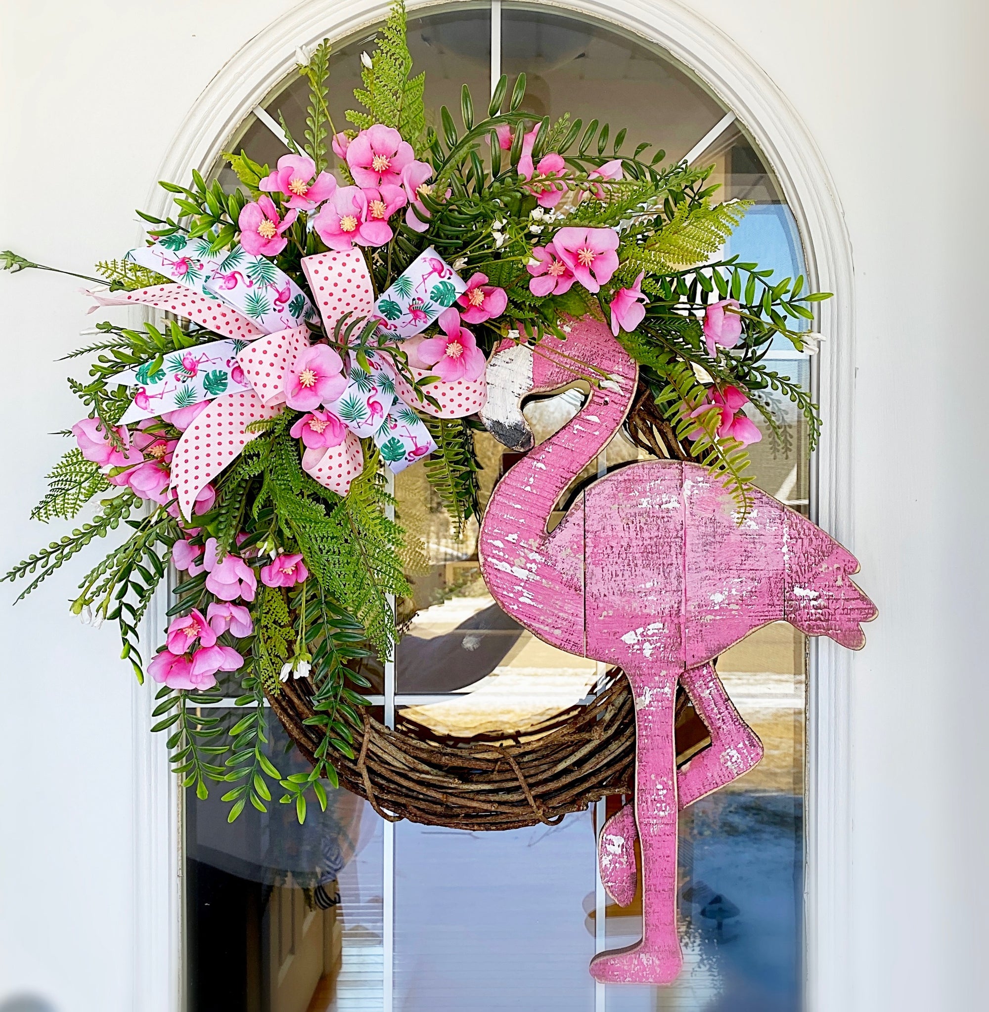 Summer Flamingo Beach Coastal Tropical Wreath with Pink Blossoms, Fern & Polkadot Ribbon