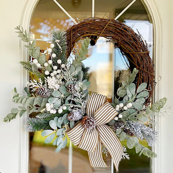 Christmas Wreath Winter Holiday Frosted with Lambs Ear & Eucalyptus and Cabana Striped Bow Welcome Farmhouse
