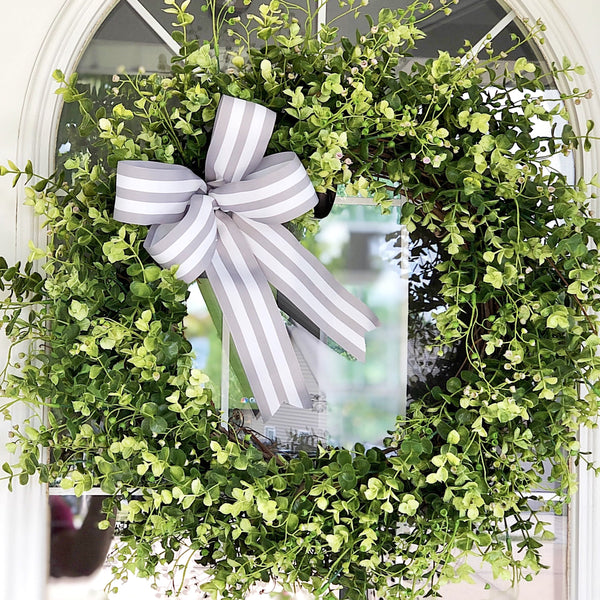 Everyday Basswood Wreath with Gray and White Striped Ribbon Front Door Welcome