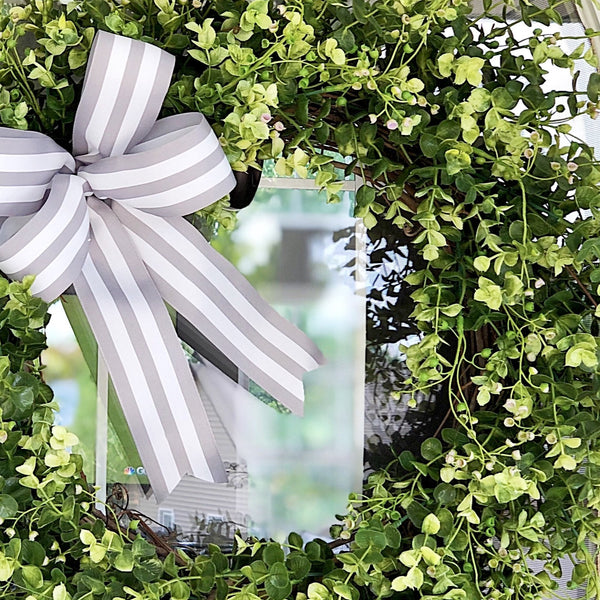 Everyday Basswood Wreath with Gray and White Striped Ribbon Front Door Welcome