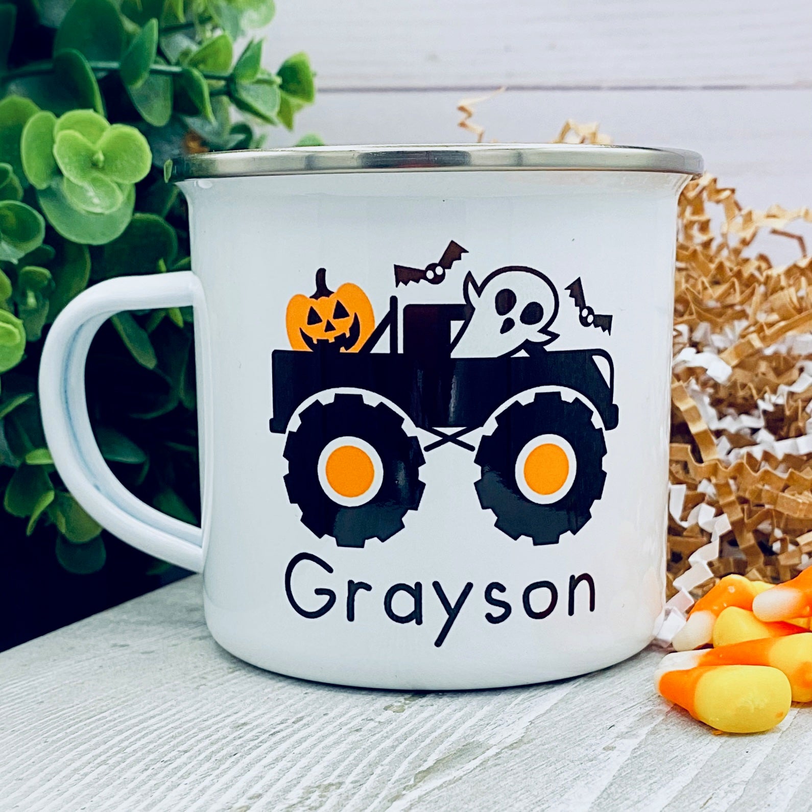 Kids Personalized 12 oz. Stainless Steel & Enamel Camp Mug with Ghost Monster Truck