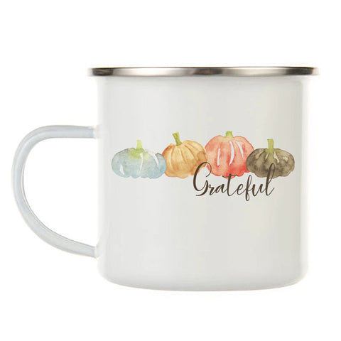 Grateful 12 oz. Stainless Steel & Enamel Camp Mug with Pumpkins for Fall or Winter