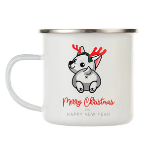 Merry Christmas 12 oz. Stainless Steel & Enamel Camp Mug with Gray Butt Pup